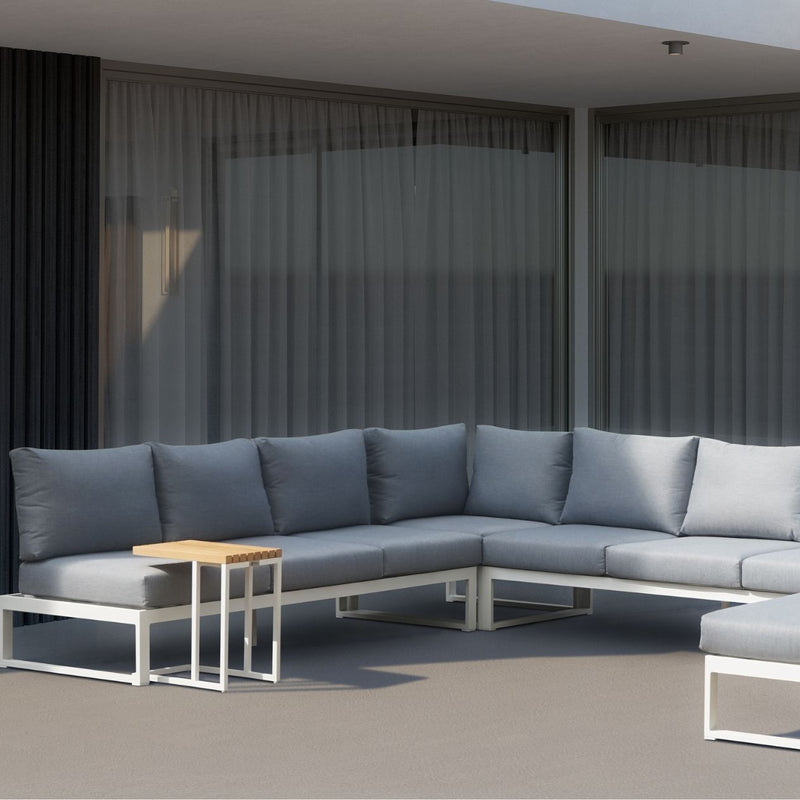 Aluminium outdoor furniture, Denver 7-seater modular lounge in white, transforms into outdoor lounge or sun lounger, perfect for any setting.