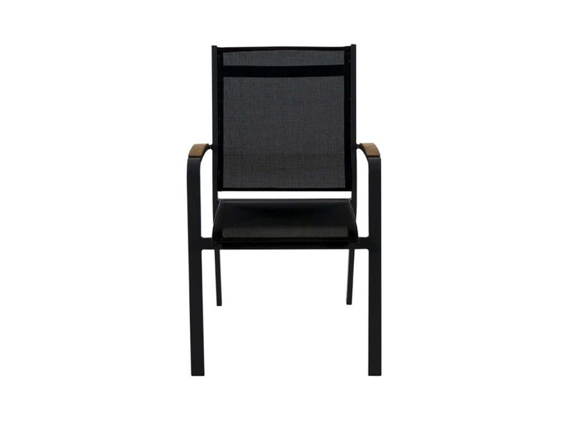 Black Cosmo outdoor dining chair, part of aluminium outdoor furniture set with teak and ceramic tables, on a white background.