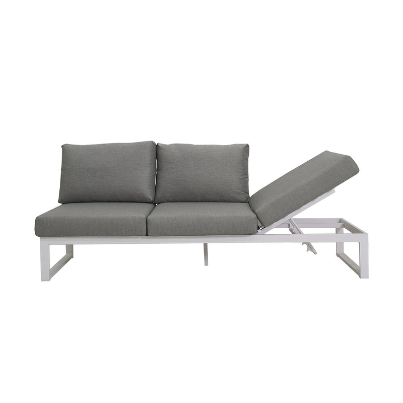 Aluminium outdoor furniture, Denver 3-seater modular lounge with white frame and light grey cushions, adaptable for outdoor lounge or balcony set, on a white background.