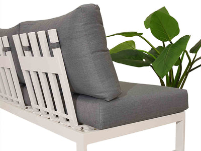 Outdoor furniture, aluminium outdoor furniture, outdoor lounge - Backview of Denver 3-seater modular lounge with white aluminium frame and charcoal cushions, convertible to sun lounger or balcony set, facing a green plant on a white background.