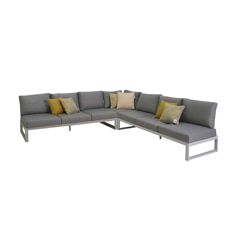 Aluminium 7 seater modular outdoor furniture lounge with white frame and light grey cushions, adaptable for balcony or courtyard use, on a white background.