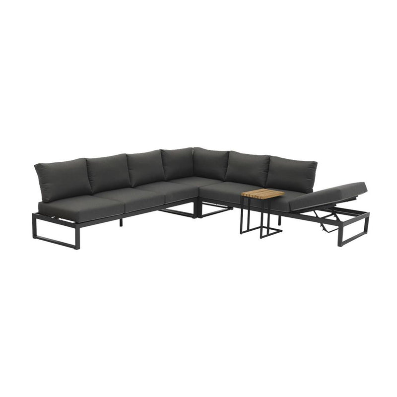 Aluminium 7 seater modular lounge with charcoal frame and cushions, versatile outdoor furniture that can transform into a sun lounger, perfect for any outdoor space.