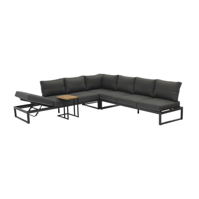 Aluminium 7 seater modular lounge with charcoal frame and cushions, versatile outdoor furniture that can transform into a sun lounger, perfect for any outdoor space.