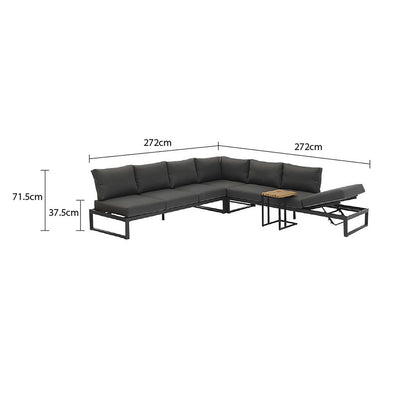 Aluminium 7 seater modular lounge with charcoal frame and cushions, versatile outdoor furniture that can transform into a sun lounger, perfect for any outdoor space.