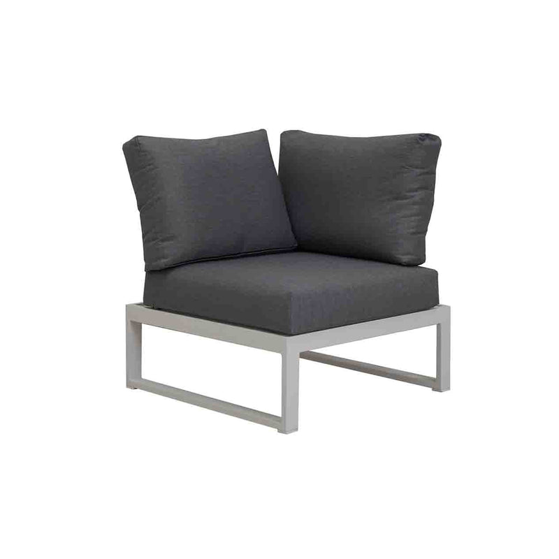 Versatile aluminium outdoor furniture, Denver corner lounge with white frame and light grey cushions, can be a one-seater, three-seater, or sun lounger on a white background.