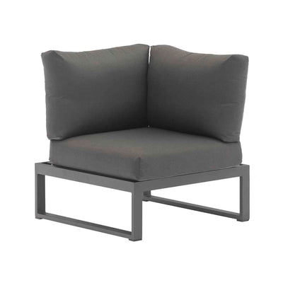 Versatile aluminium outdoor furniture, Denver corner lounge with charcoal frame and cushions, can be a one-seater, three-seater, or sun lounger, on a white background.