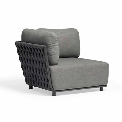 Outdoor furniture from the Lawson Collection, featuring a wicker lounge chair, outdoor dining furniture, and a Rope Corner Lounge with Right Arm with charcoal frame and charcoal cushion on a white background.