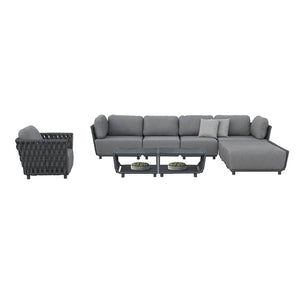 Outdoor furniture from the Lawson Collection, featuring a wicker lounge chair, outdoor dining furniture, and a Rope 7-seater lounge with charcoal frame, cushions, and unique rope side detailing.