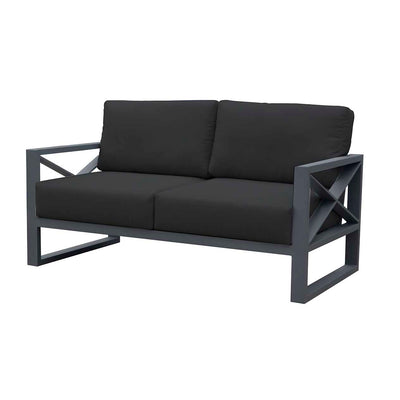 Charcoal aluminium outdoor furniture from Linear Lounge collection, featuring a 2-seater sofa with matching cushions, perfect for outdoor lounging on a white background.