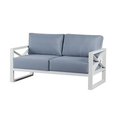 Aluminium outdoor furniture from Linear Lounge collection, featuring a 2-seater sofa with white frame and light grey cushions, perfect for outdoor lounging.