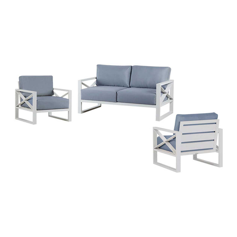 Aluminium outdoor furniture set from Linear Lounge collection, including armchair, two-seater, and three-seater lounge in white, perfect for outdoor oasis.