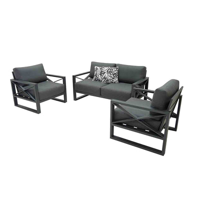 Aluminium outdoor furniture set from Linear Lounge collection, including armchair, two-seater, and three-seater outdoor lounge with charcoal cushions on a white background.