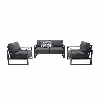 Aluminium outdoor furniture set from Linear Lounge collection, featuring a 4-seater lounge with charcoal frame and cushions, and a printed black and white cushion, perfect for outdoor lounging.