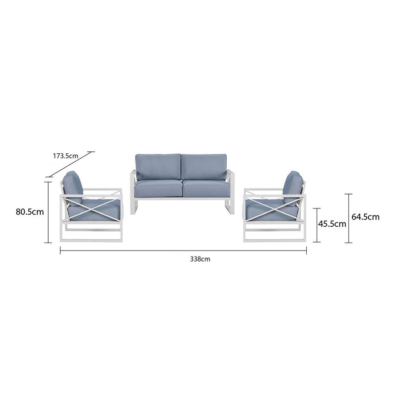 Aluminium outdoor furniture set from Linear Lounge collection, including armchair, two-seater, and three-seater lounge in white, perfect for outdoor oasis.