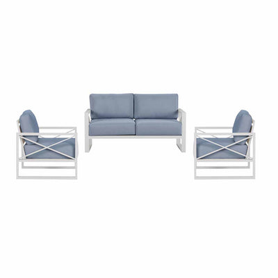 Aluminium outdoor furniture set from Linear Lounge collection, including armchair, two-seater, and three-seater lounge in white, perfect for outdoor oasis.