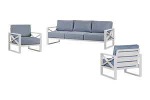 Aluminium outdoor furniture set from Linear Lounge collection, featuring a 5-seater lounge with white frame and light grey cushions, perfect for outdoor lounging on a white background.