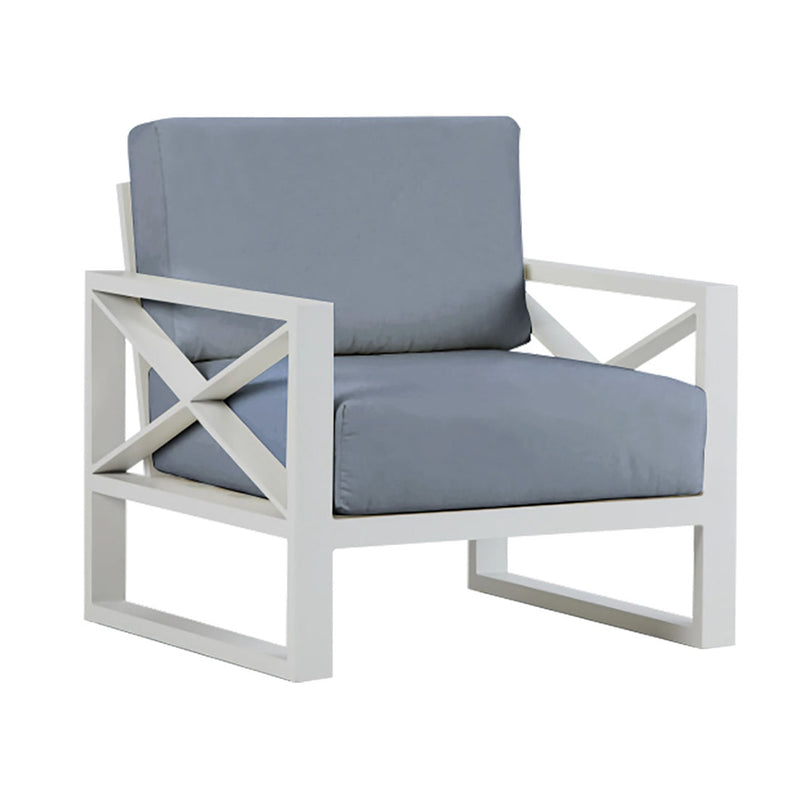 Outdoor furniture collection featuring aluminium armchair, two-seater, and three-seater lounge pieces in charcoal or white, with light grey cushions on a white background.