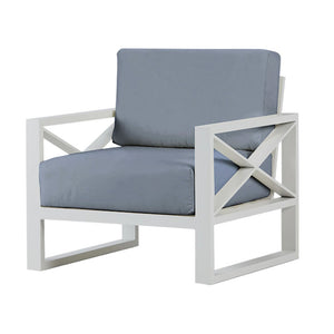 Outdoor furniture collection featuring aluminium outdoor lounge chair, two-seater, and three-seater sofas in charcoal or white, with an aluminium armchair with white frame and light grey cushions on a white background.