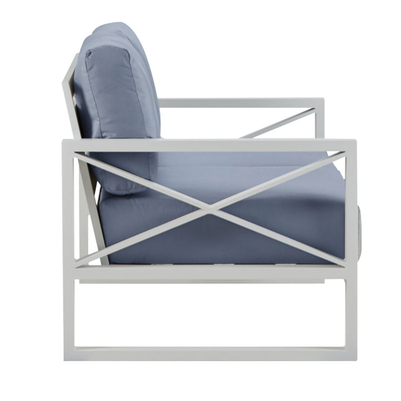 Outdoor furniture collection featuring aluminium armchair, two-seater, and three-seater lounge pieces in charcoal or white, with light grey cushions on a white background.