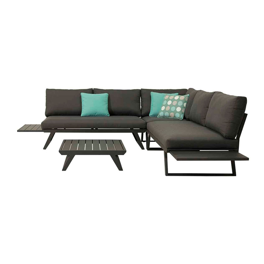 Aluminium outdoor furniture, Yarra Sofa Series, featuring a 5-seater lounge with charcoal frame and cushions, teal accent pillows, and a matching coffee table, perfect for outdoor lounging.