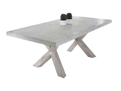 Zen square concrete table from our outdoor furniture collection, with customizable teak or metal legs.