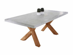 Zen square concrete table from our outdoor furniture collection, with customizable teak or metal legs.